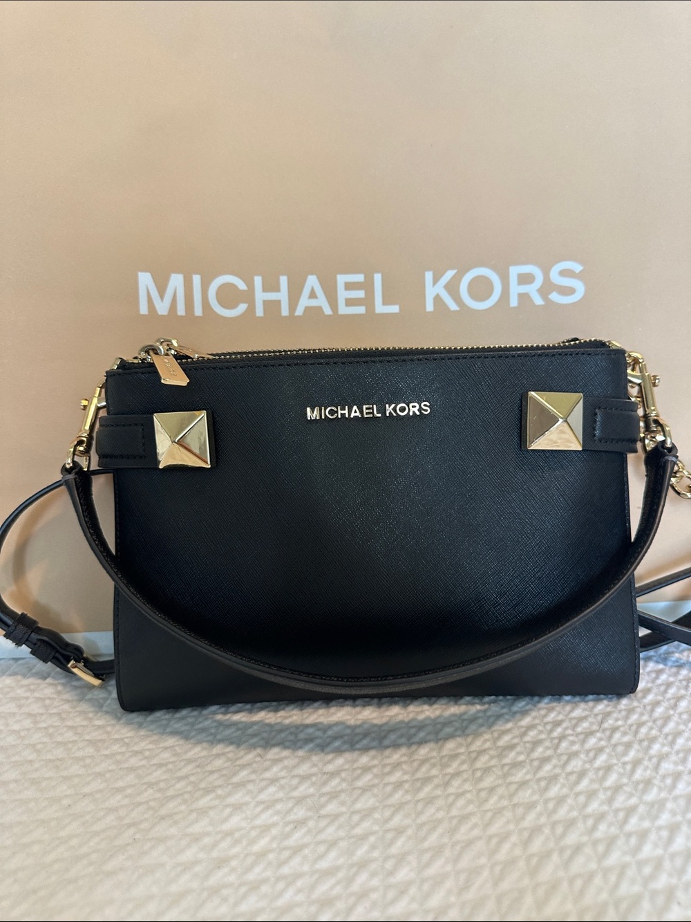 Michael Kors Black Crossbody Bag with Gold Stud Accents